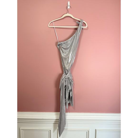 Show Me Your Mumu Genevieve One-Shoulder Wrap Mini Dress Silver Size XS - Picture 2 of 8